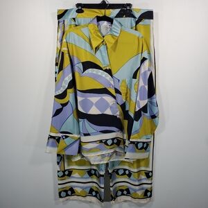 Chartreuse Multicolor Pucci -Like Satin Flowy Beach Vacation 2 Piece Set